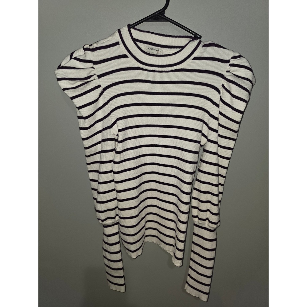 Habitual Girl Striped Puff Sleeve Ribbed Knit Top White Navy Blue Size 14